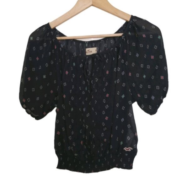 Hollister Floral Navy Blue Peasant Top Blouse - Picture 3 of 10